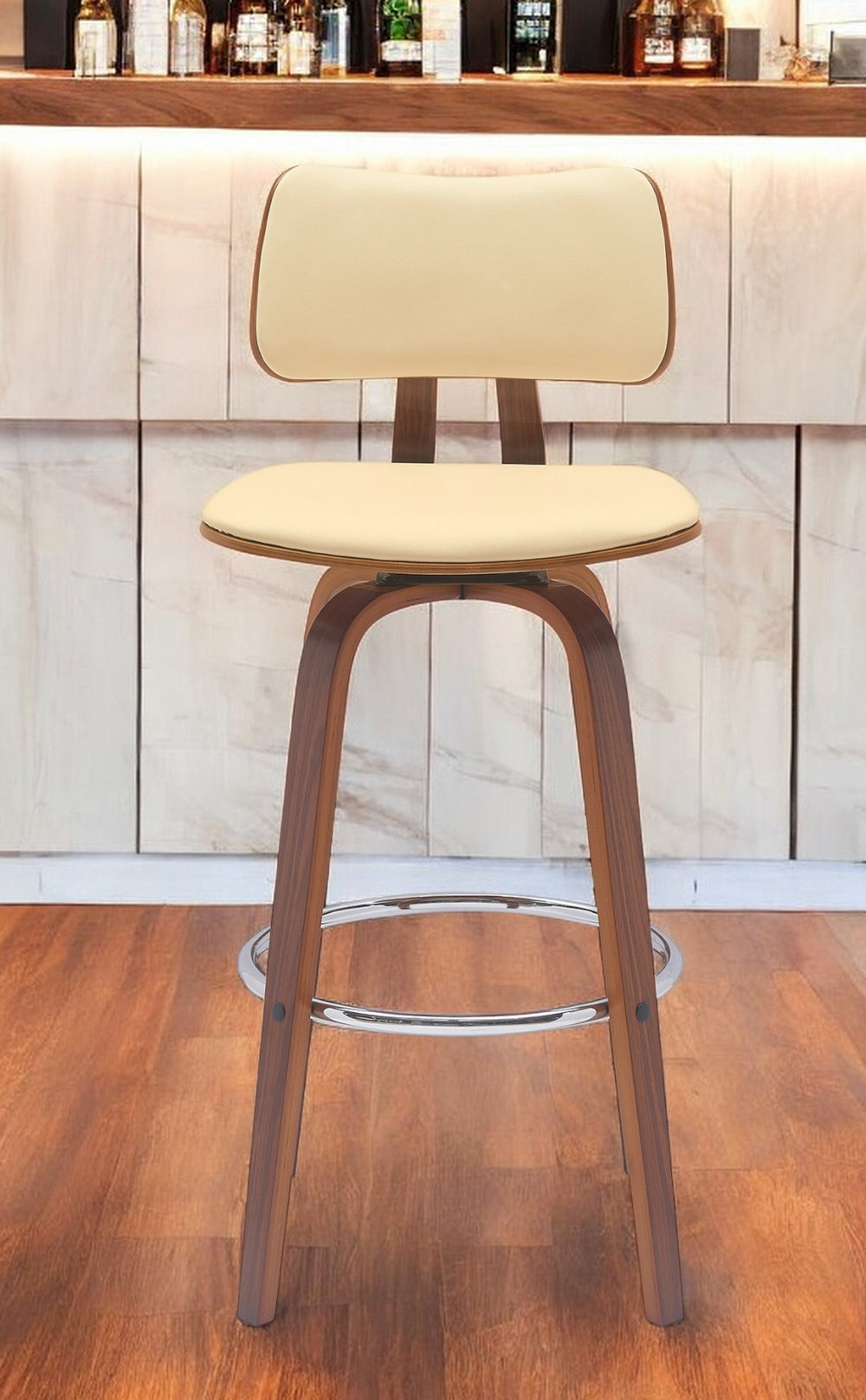 Homeroots 30" Cream And Wood Brown Faux Leather Swivel Low Back Bar Height Bar Chair   534436