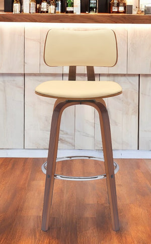 Homeroots 30" Cream And Wood Brown Faux Leather Swivel Low Back Bar Height Bar Chair   534436