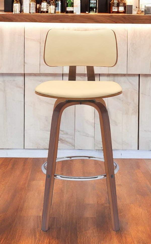 Homeroots 30" Cream And Wood Brown Faux Leather Swivel Low Back Bar Height Bar Chair   534436