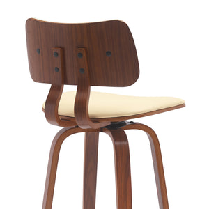 Homeroots 30" Cream And Wood Brown Faux Leather Swivel Low Back Bar Height Bar Chair   534436