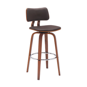 Homeroots 30" Brown And Wood Brown Faux Leather Swivel Low Back Bar Height Bar Chair   534437