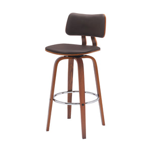 Homeroots 30" Brown And Wood Brown Faux Leather Swivel Low Back Bar Height Bar Chair   534437