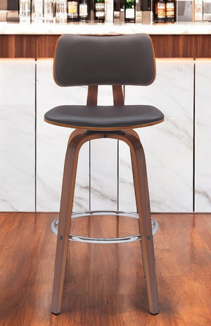 Homeroots 30" Brown And Wood Brown Faux Leather Swivel Low Back Bar Height Bar Chair   534437