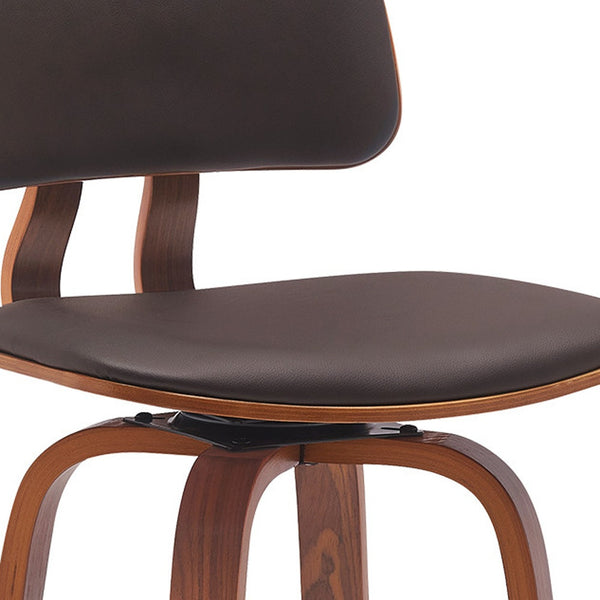 Homeroots 30" Brown And Wood Brown Faux Leather Swivel Low Back Bar Height Bar Chair   534437