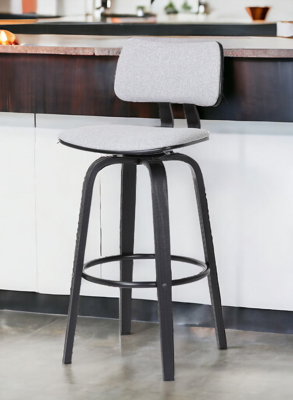 Homeroots 30" Light Gray And Black Fabric Swivel Low Back Bar Height Bar Chair   534439