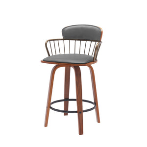 Homeroots 26" Gray And Wood Brown Faux Leather Swivel Low Back Counter Height Bar Chair   534441