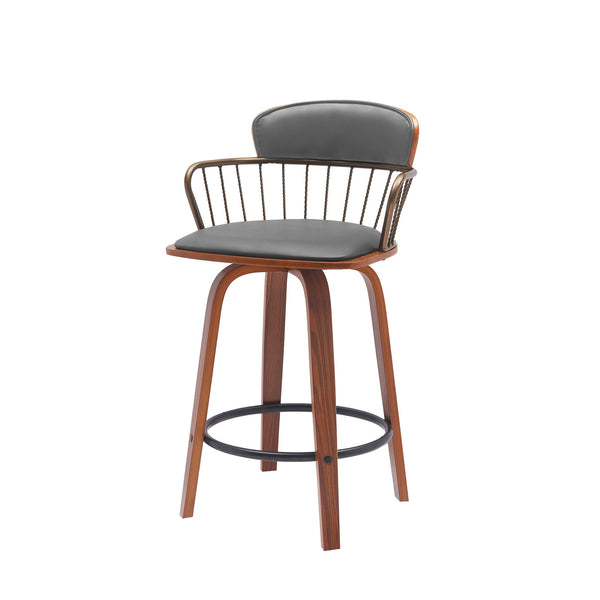 Homeroots 26" Gray And Wood Brown Faux Leather Swivel Low Back Counter Height Bar Chair   534441