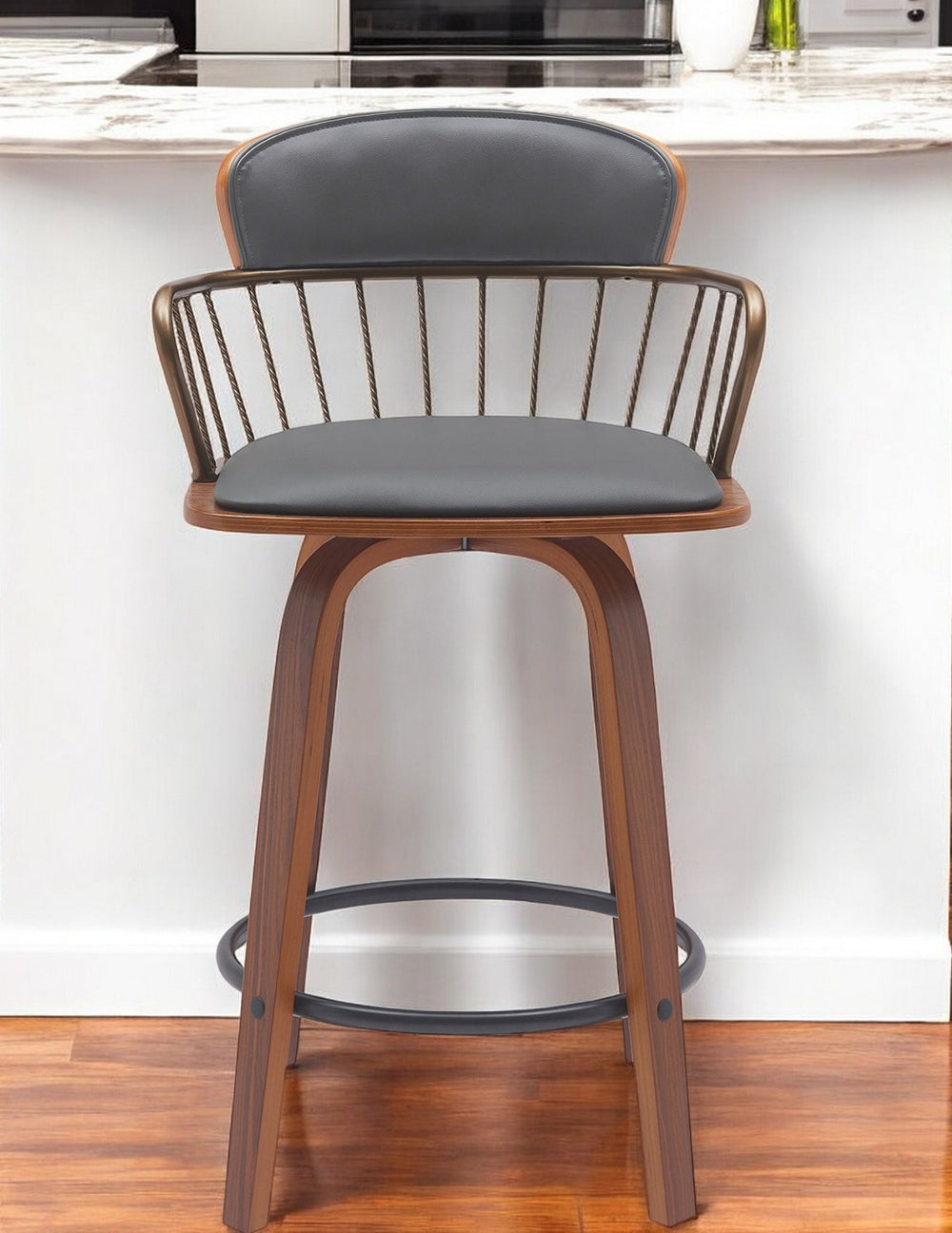 Homeroots 26" Gray And Wood Brown Faux Leather Swivel Low Back Counter Height Bar Chair   534441