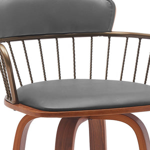 Homeroots 26" Gray And Wood Brown Faux Leather Swivel Low Back Counter Height Bar Chair   534441