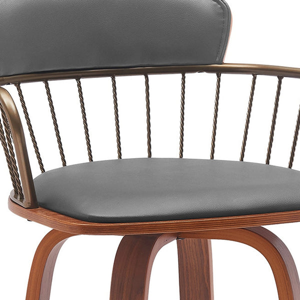 Homeroots 26" Gray And Wood Brown Faux Leather Swivel Low Back Counter Height Bar Chair   534441