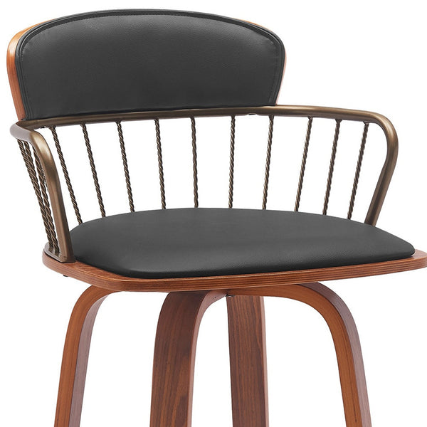 Homeroots 26" Black And Wood Brown Faux Leather Swivel Low Back Counter Height Bar Chair   534442