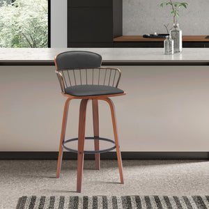 Homeroots 26" Black And Wood Brown Faux Leather Swivel Low Back Counter Height Bar Chair   534442