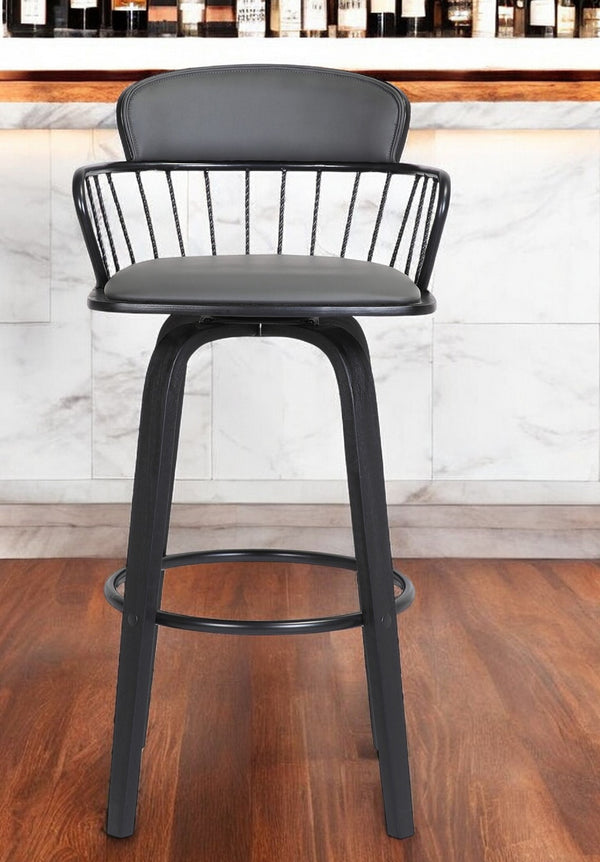Homeroots 30" Gray And Black Faux Leather Swivel Low Back Bar Height Bar Chair   534443