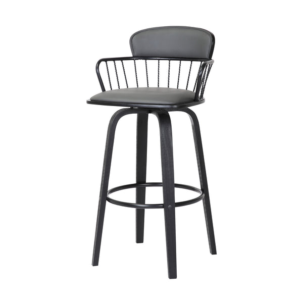Homeroots 30" Gray And Black Faux Leather Swivel Low Back Bar Height Bar Chair   534443