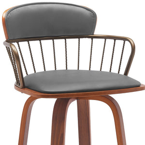 Homeroots 30" Gray And Wood Brown Faux Leather Swivel Low Back Bar Height Bar Chair   534444
