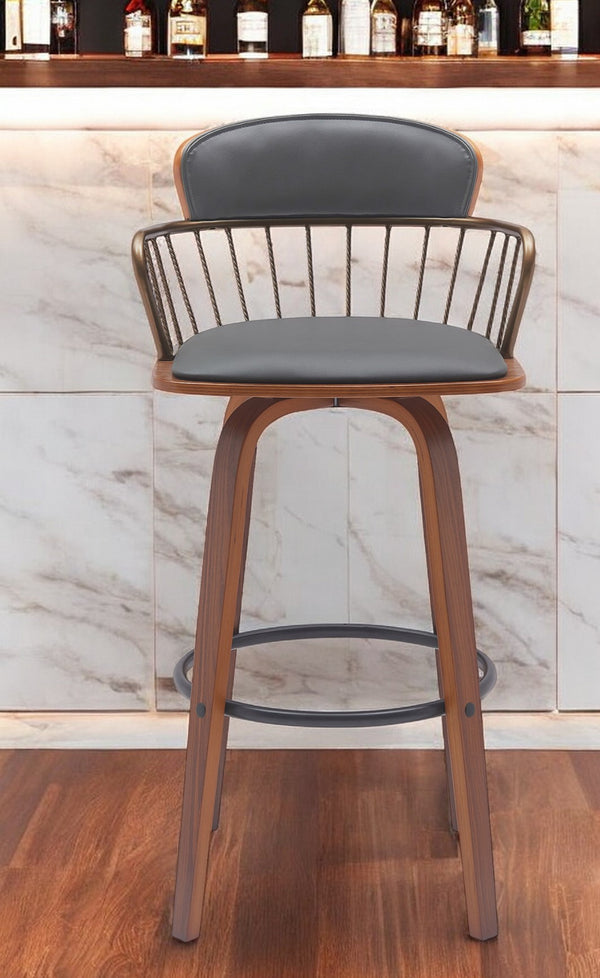 Homeroots 30" Gray And Wood Brown Faux Leather Swivel Low Back Bar Height Bar Chair   534444