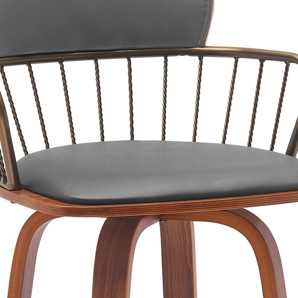 Homeroots 30" Gray And Wood Brown Faux Leather Swivel Low Back Bar Height Bar Chair   534444