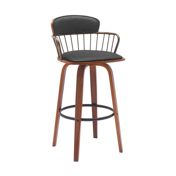 Homeroots 30" Black And Wood Brown Faux Leather Swivel Low Back Bar Height Bar Chair   534445