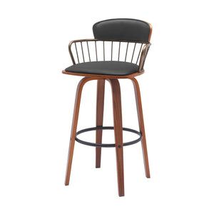 Homeroots 30" Black And Wood Brown Faux Leather Swivel Low Back Bar Height Bar Chair   534445