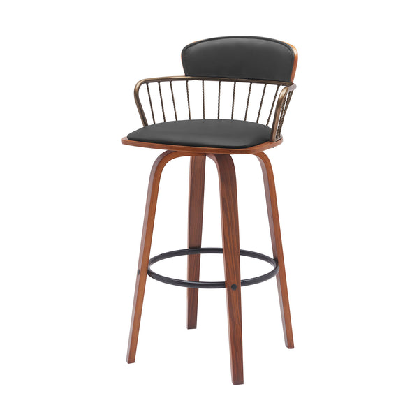 Homeroots 30" Black And Wood Brown Faux Leather Swivel Low Back Bar Height Bar Chair   534445
