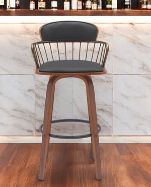 Homeroots 30" Black And Wood Brown Faux Leather Swivel Low Back Bar Height Bar Chair   534445