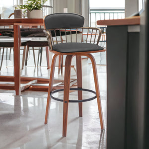 Homeroots 30" Black And Wood Brown Faux Leather Swivel Low Back Bar Height Bar Chair   534445