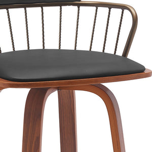 Homeroots 30" Black And Wood Brown Faux Leather Swivel Low Back Bar Height Bar Chair   534445