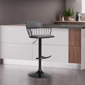 Homeroots Gray And Black Faux Leather With Metal Swivel Low Back Adjustable Height Bar Chair   534446