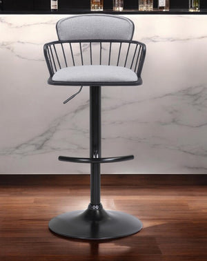 Homeroots Light Gray And Black Fabric With Metal Swivel Low Back Adjustable Height Bar Chair   534447