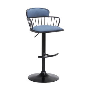 Homeroots Blue And Black Fabric With Metal Swivel Low Back Adjustable Height Bar Chair   534448