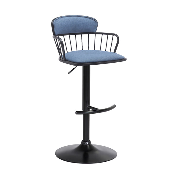 Homeroots Blue And Black Fabric With Metal Swivel Low Back Adjustable Height Bar Chair   534448