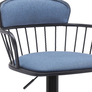 Homeroots Blue And Black Fabric With Metal Swivel Low Back Adjustable Height Bar Chair   534448