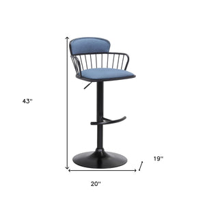 Homeroots Blue And Black Fabric With Metal Swivel Low Back Adjustable Height Bar Chair   534448