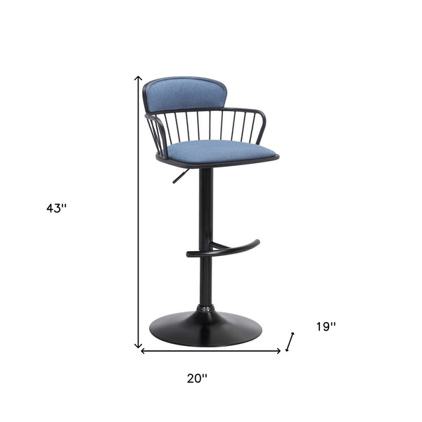Homeroots Blue And Black Fabric With Metal Swivel Low Back Adjustable Height Bar Chair   534448