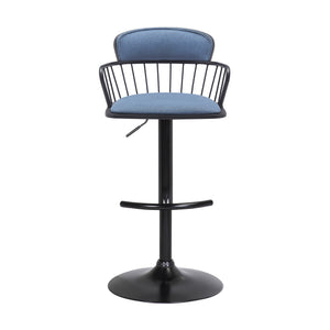 Homeroots Blue And Black Fabric With Metal Swivel Low Back Adjustable Height Bar Chair   534448
