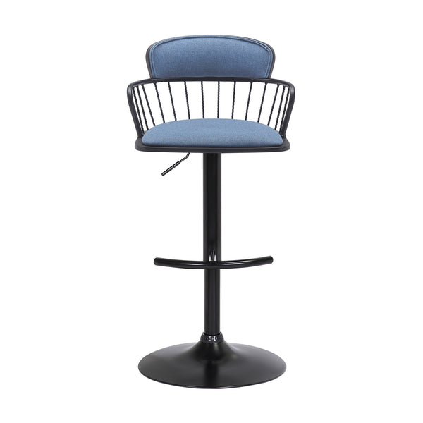 Homeroots Blue And Black Fabric With Metal Swivel Low Back Adjustable Height Bar Chair   534448