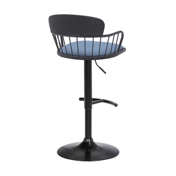 Homeroots Blue And Black Fabric With Metal Swivel Low Back Adjustable Height Bar Chair   534448
