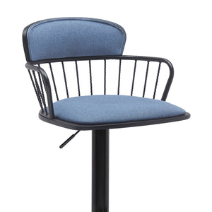 Homeroots Blue And Black Fabric With Metal Swivel Low Back Adjustable Height Bar Chair   534448