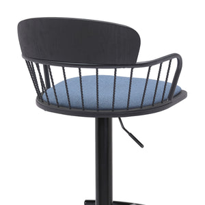 Homeroots Blue And Black Fabric With Metal Swivel Low Back Adjustable Height Bar Chair   534448