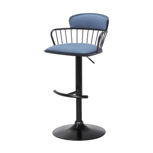 Homeroots Blue And Black Fabric With Metal Swivel Low Back Adjustable Height Bar Chair   534448