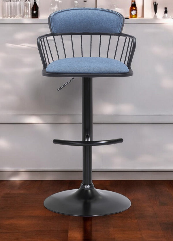Homeroots Blue And Black Fabric With Metal Swivel Low Back Adjustable Height Bar Chair   534448