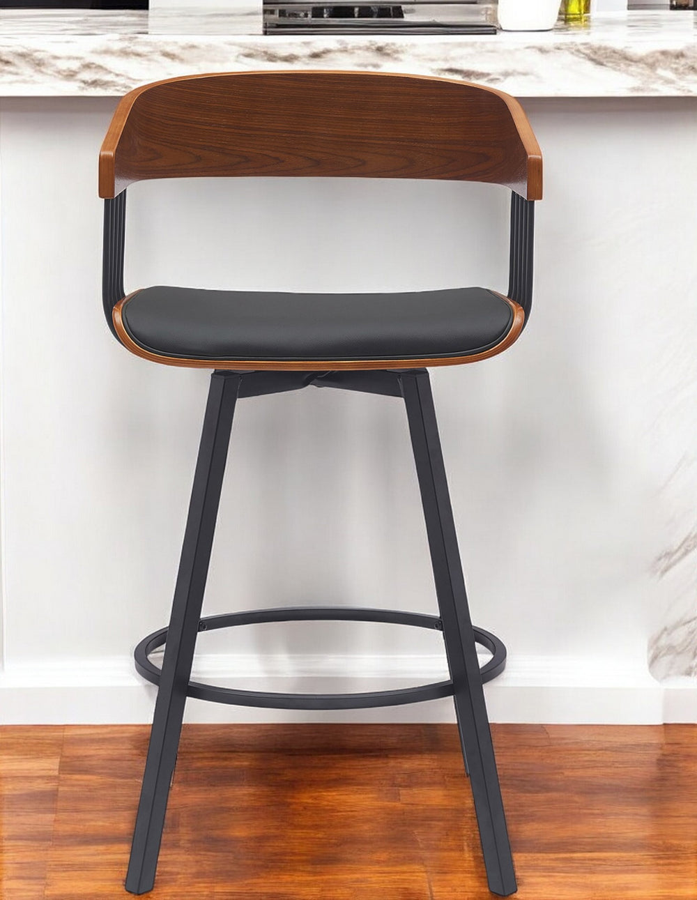 Homeroots 27" Black Faux Leather And Metal Swivel Low Back Counter Height Bar Chair   534449