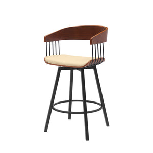 Homeroots 27" Cream And Black Faux Leather With Metal Swivel Counter Height Bar Chair   534450