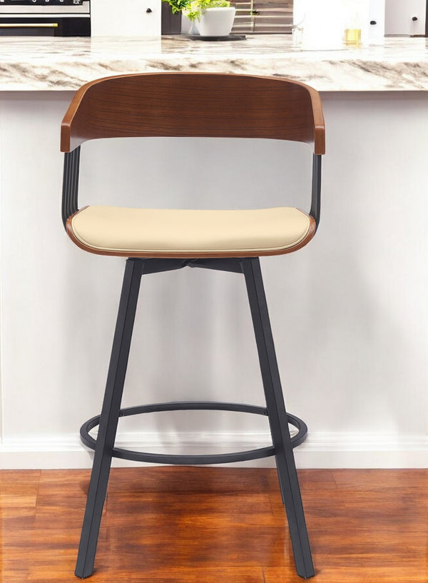 Homeroots 27" Cream And Black Faux Leather With Metal Swivel Counter Height Bar Chair   534450