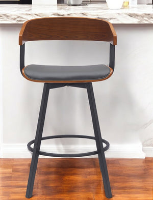 Homeroots 27" Gray And Black Faux Leather With Metal Swivel Counter Height Bar Chair   534451