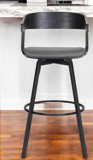 Homeroots 27" Gray And Black Faux Leather With Metal Swivel Counter Height Bar Chair   534452