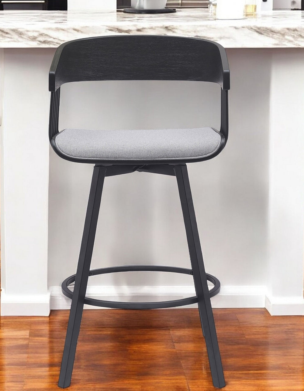 Homeroots 27" Light Gray And Black Fabric With Metal Swivel Counter Height Bar Chair   534453