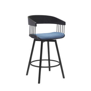 Homeroots 27" Blue And Black Fabric With Metal Swivel Counter Height Bar Chair   534454