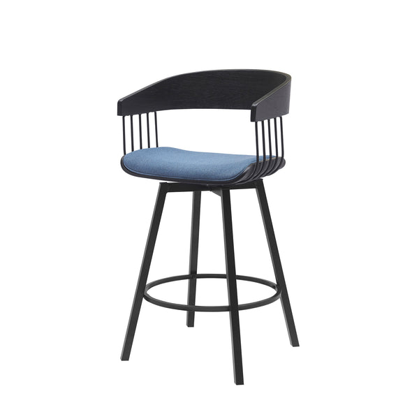Homeroots 27" Blue And Black Fabric With Metal Swivel Counter Height Bar Chair   534454