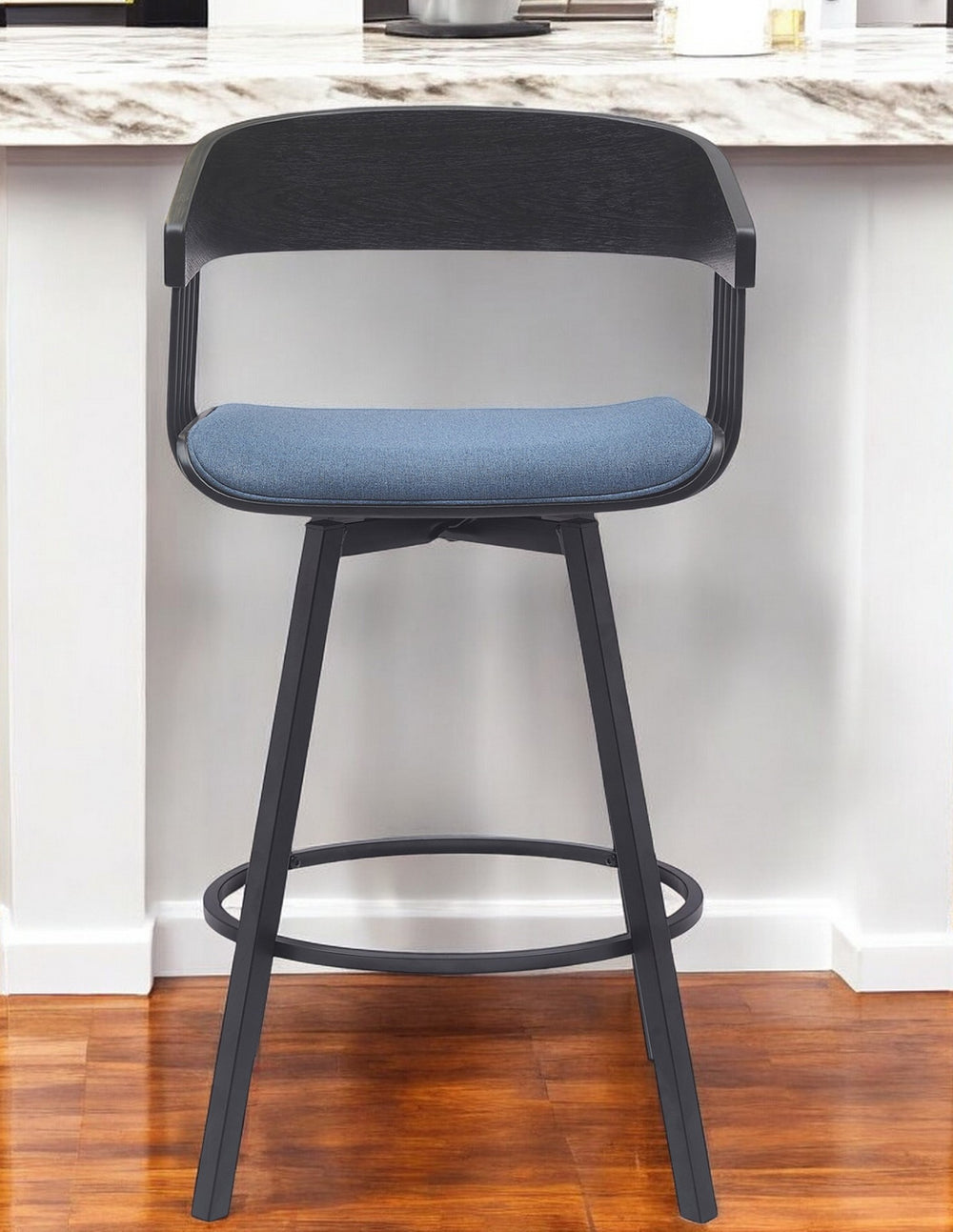 Homeroots 27" Blue And Black Fabric With Metal Swivel Counter Height Bar Chair   534454